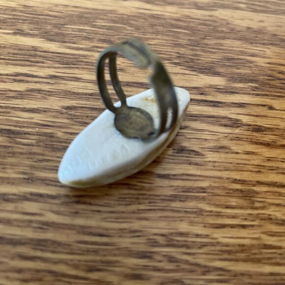 White Tan Oblong Chunky Boho Handmade Artisan Ceramic Glass‎ Ring Adjustable - Picture 7 of 7